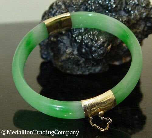 14k Yellow Gold Imperial Apple Green Jade 11mm Bangle Bracelet w Chain 32 grams