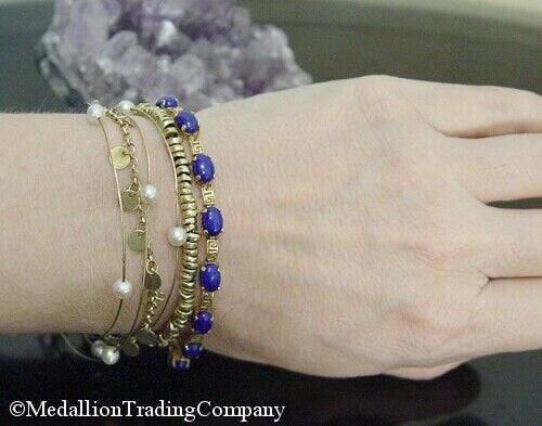 14k Gold Lapis Lazuli Vivid Blue Oval Cabochon Greek Key Tennis Line Bracelet 8"