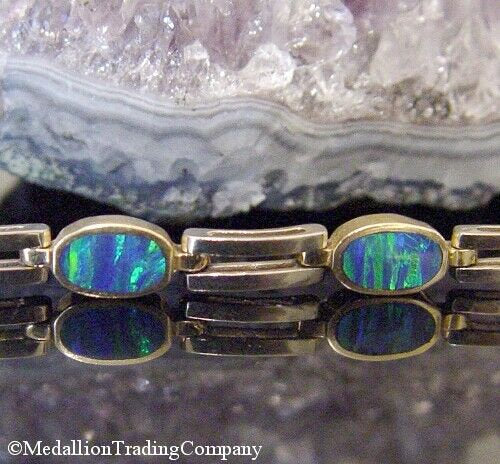 14k Yellow White Gold Black Blue Green Inlaid Opal Link Bracelet Toggle Clasp 7"