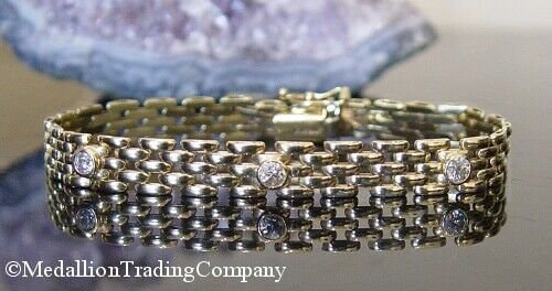 14k Yellow Gold 8mm Wide Panther Brick Link Bracelet Bezel Set Diamonds 14+ gram