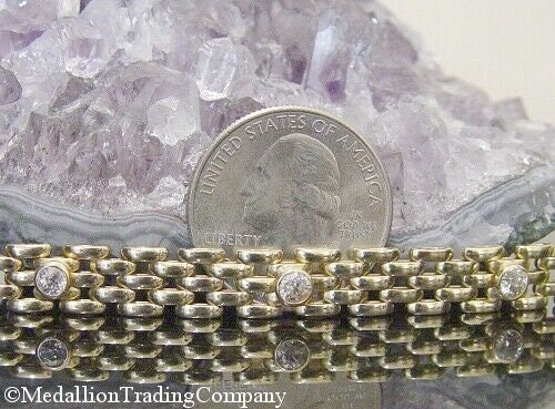 14k Yellow Gold 8mm Wide Panther Brick Link Bracelet Bezel Set Diamonds 14+ gram