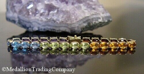 14k Gold Rainbow Multi Color Oval Garnet Citrine Peridot Line Tennis Bracelet