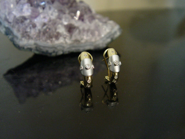 14k Yellow White Gold Bezel Diamond Steampunk Omega Back J Half Hoop Earrings