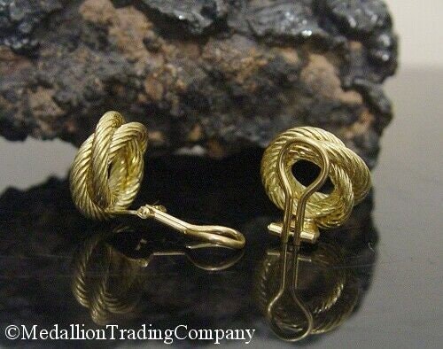 18k Solid Yellow Gold Round Twisted Rope Open Knot Button Clip On Earrings 20mm