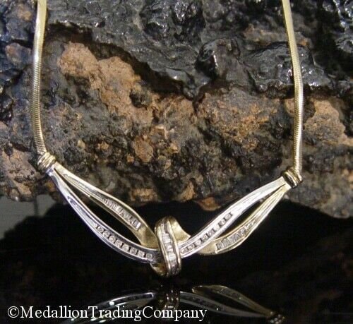 10k Gold .37 Ct Baguette Diamond Ribbon Swirl Angel Wing Herringbone Necklace