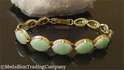 Antique Edwardian Victorian 14k Gold Oval Cabochon Burmese Jade Bracelet Small Wrist 6.5"