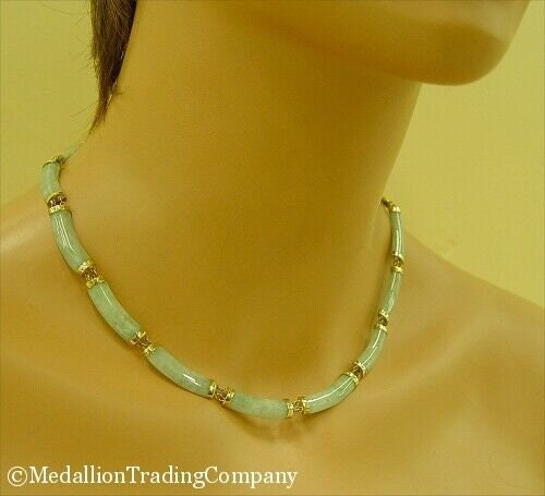 14k Yellow Gold Green White Mottled Jadeite Jade Segment Bar Link Necklace 16.5