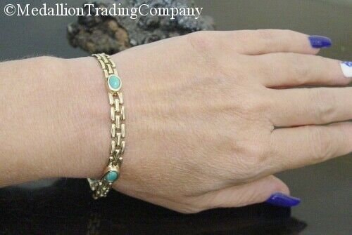 14k Yellow Gold Arizona Sleeping Beauty Turquoise Cabochon Panther Link Bracelet