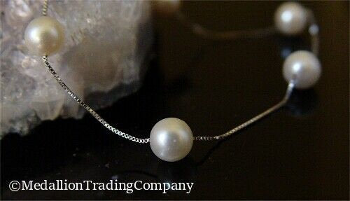 18k White Gold Tin Cup 6mm Pearl Station Layer Bracelet Box Chain 7 Inch