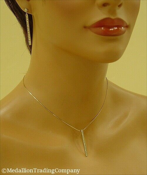 14k Yellow Gold CZ Line Vertical Bar Pendant Necklace + Matching Drop Earrings