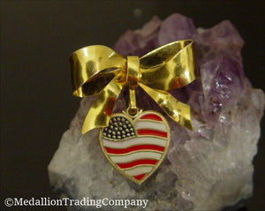 14K Gold Bow Pin Brooch Charm Hook Holder USA Flag Heart God Bless America MAGA