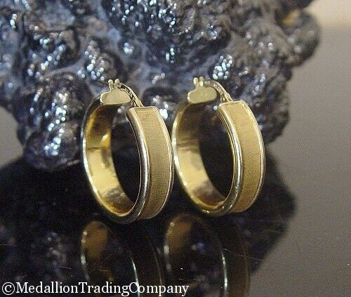 18k Yellow Gold Brushed & Polished 24mm 1 inch Wedding Band Hoop Earrings Milor