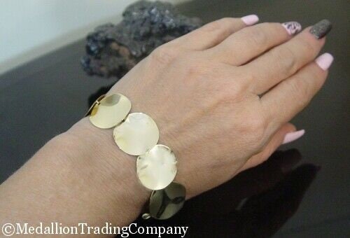 14k Solid Yellow Gold Flat Hammered Wavy Disk Bracelet .80" 20mm Wide 12.7 Grams