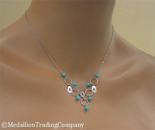 18k White Gold Persian Turquoise Bead Oval Circle Cable Chain 17" Bib Necklace