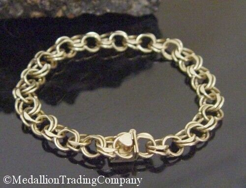 Vintage 14K Gold Double Ring Starter Charm Bracelet Heart Clasp 9mm 7.5" 16.4 gr