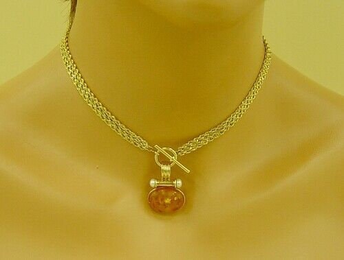 14k Yellow Gold Baltic Amber & Button Pearl Enhancer Clip Pendant 1.20 Inch