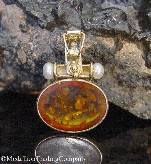 14k Yellow Gold Baltic Amber & Button Pearl Enhancer Clip Pendant 1.20 Inch