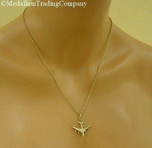 Large 14k Yellow Gold 3D Air Plane Jet Liner w/ Rope Chain Necklace 20" 6.3g