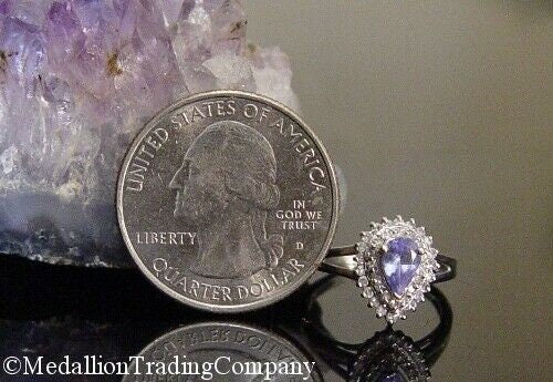 14k White Gold Pear Tanzanite and Diamond Double Halo Cluster 4.5 Pinky Ring