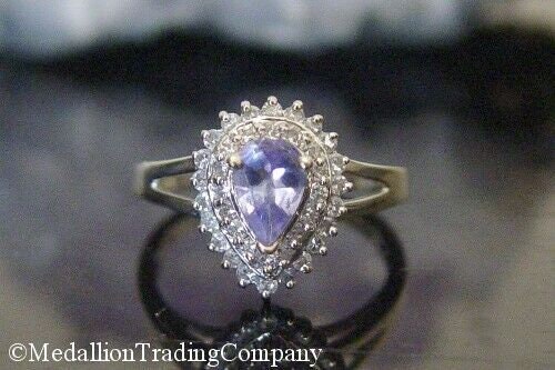14k White Gold Pear Tanzanite and Diamond Double Halo Cluster 4.5 Pinky Ring
