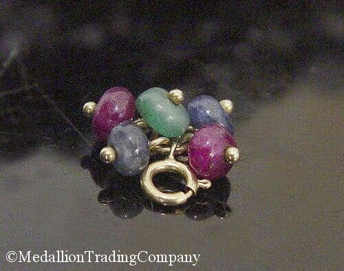 14k Gold Sapphire Ruby Emerald Multi Gemstone Dangle Bead Clip Spring Ring Charm