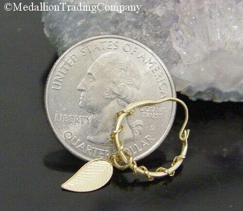 14k Yellow Gold Native Rope Twist Wire Feather Leaf Charms Huggie Hoop Earrings