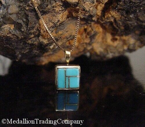14k Gold Native American Arizona Inlaid Sleeping Blue Turquoise Pendant & Chain