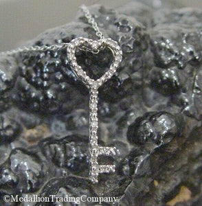 14k Solid White Gold .15 Carat Real Diamond Heart Key on 16 Inch Cable Necklace