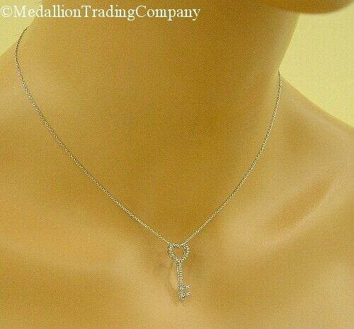 14k Solid White Gold .15 Carat Real Diamond Heart Key on 16 Inch Cable Necklace