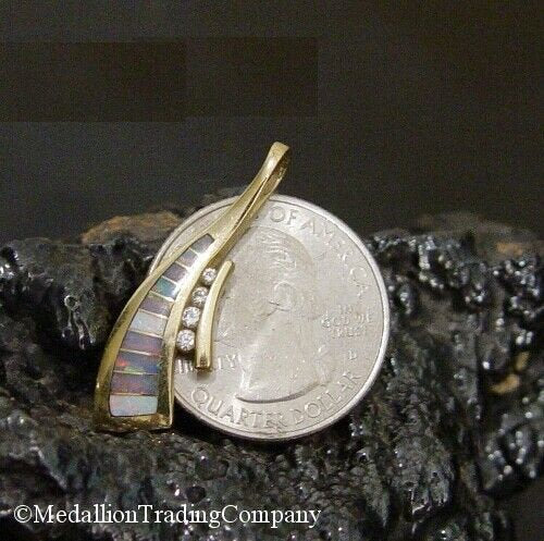 14k Yellow Gold Authentic Kabana Inlaid Opal & Diamond Pendant 1.25 Inches Long