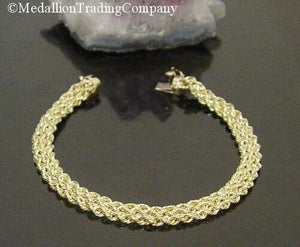 14k Yellow Gold 3 Row Rope Weave Link Mesh 8mm Wide Bola Bracelet 7.5 Inch