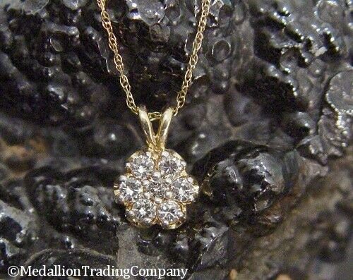 14k Solid Yellow Gold .28 Carat Diamond Flower Cluster 20 Inch Chain Necklace