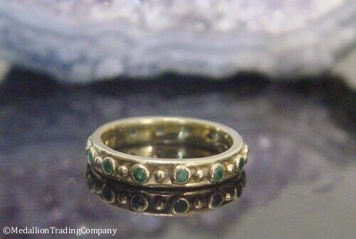 14k Yellow Gold Colombian Emerald Etruscan Eternity Band Byzantine Ring Sz 6.25