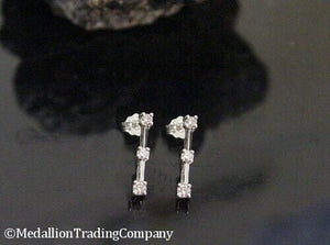 Solid 14k White Gold .27 Carat Triple Line Diamond Bar Earrings .60 inch drop