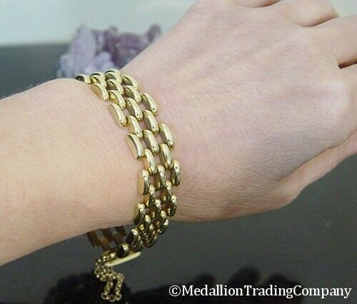 14k Yellow Gold .60 inch Wide Panther Brick Link Bracelet w Safety Chain 20 gram