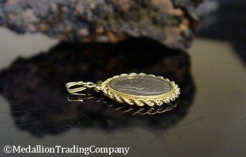 1999 Italian 50 Lire Coin in 14k Solid Yellow Gold Rope Bezel Necklace Pendant