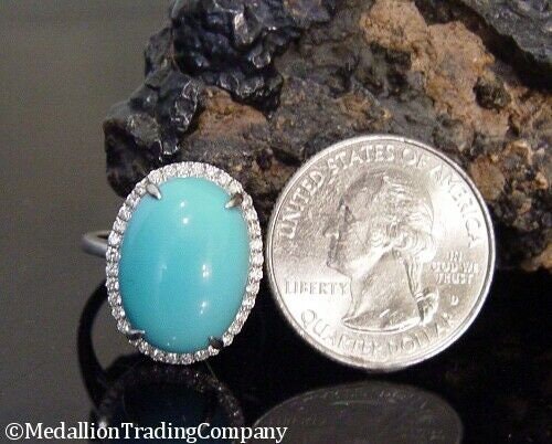 14k White Gold Sleeping Beauty Persian Blue Turquoise Diamond Halo Ring Size 9