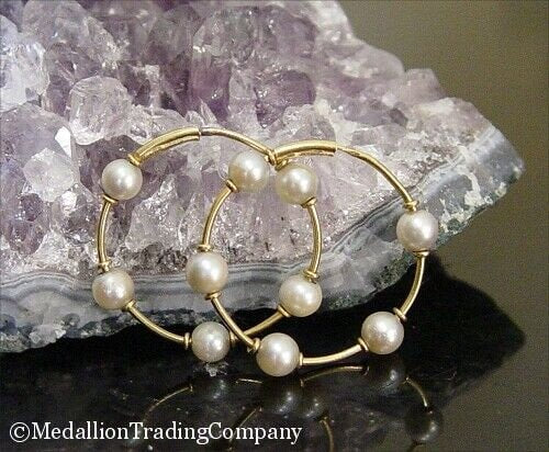18k Solid Yellow Gold 5mm Cream Akoya Pearl Station 26mm Round Tube Hoops Italy