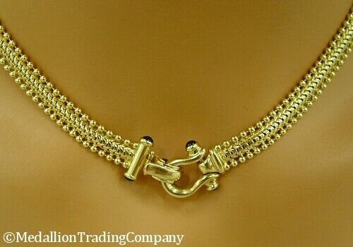 Kitsinian 14k Popcorn Mesh Bead Collar Necklace w/ Sapphire Cabochon Buckle 17"