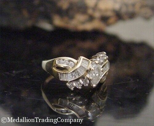 14k Yellow Gold .75 Carat Marquise Round Baguette Diamond Ribbon Engagement Ring
