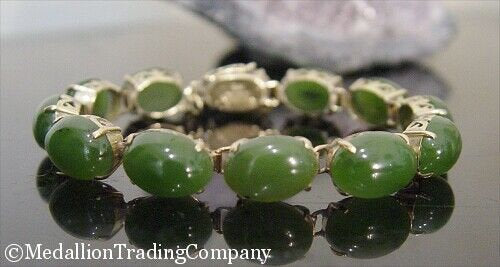 Vintage 14k Yellow Gold Nephrite Spinach Jade 10mm Oval Link Bracelet w/ Chain