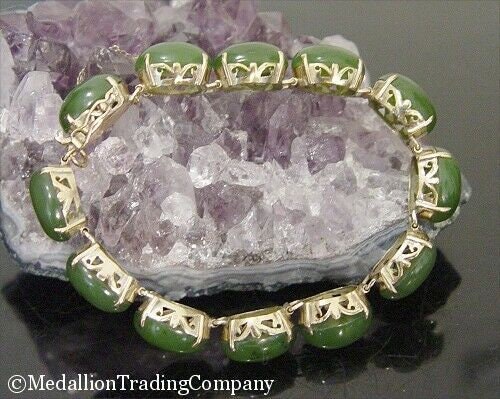Vintage 14k Yellow Gold Nephrite Spinach Jade 10mm Oval Link Bracelet w/ Chain