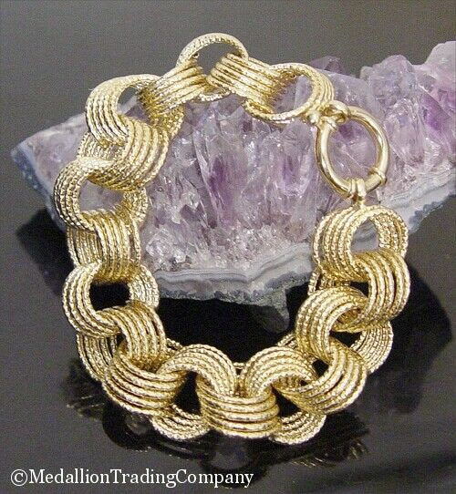 14k Yellow Gold 19mm Wide Multi Rolo Textured Circle Link 8" Bracelet 18 grams