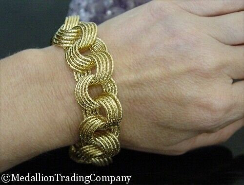 14k Yellow Gold 19mm Wide Multi Rolo Textured Circle Link 8" Bracelet 18 grams
