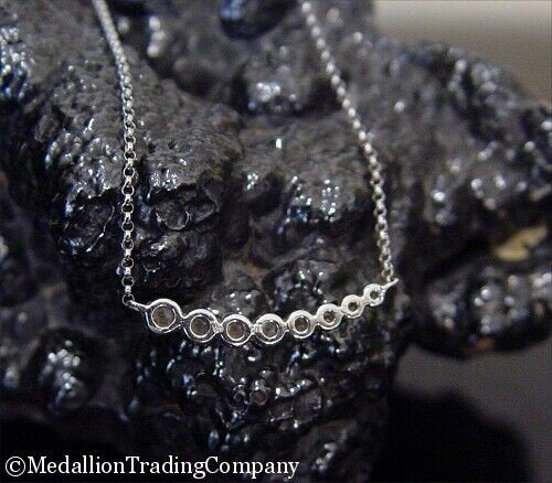 14k White Gold .25 Carat Bezel Set Graduating Diamond Line Rolo Chain Necklace