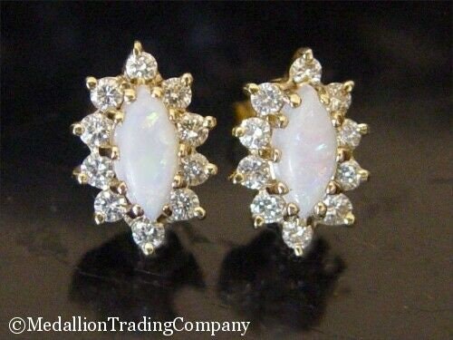 14k Yellow Gold Confetti White Marquise Opal .50 c Diamond Halo Cluster Earrings