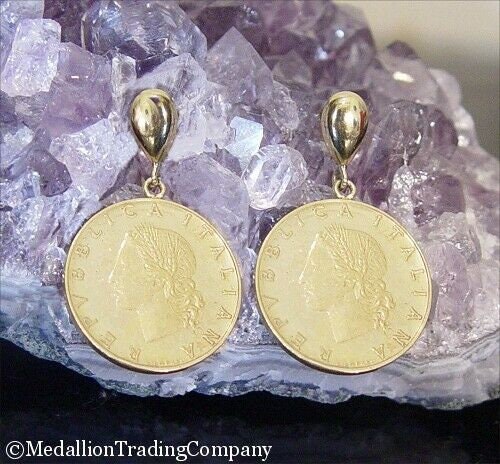 1991 1980 Italian 20 Lire Coin 14k Solid Yellow Gold Earrings Republic of Italy