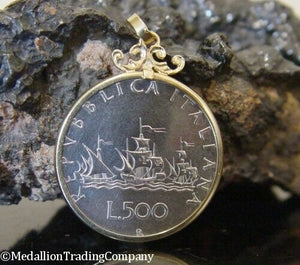 14k Yellow Gold Italian Reversible 500 Lire Ship Coin Bezel Necklace Pendant