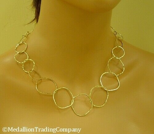 14k Yellow Gold Modern Hammered Multi Square Circle Graduated Chain Necklace 19"