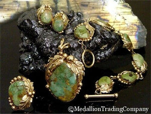 14k Royston Green Turquoise Squash Blossom Bracelet Pendant Ring Earrings Set